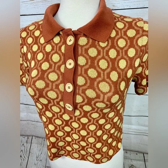 Zara Crop Collared Buttons Burnt Orange yellow Thin Soft Knit Top - Picture 9 of 11